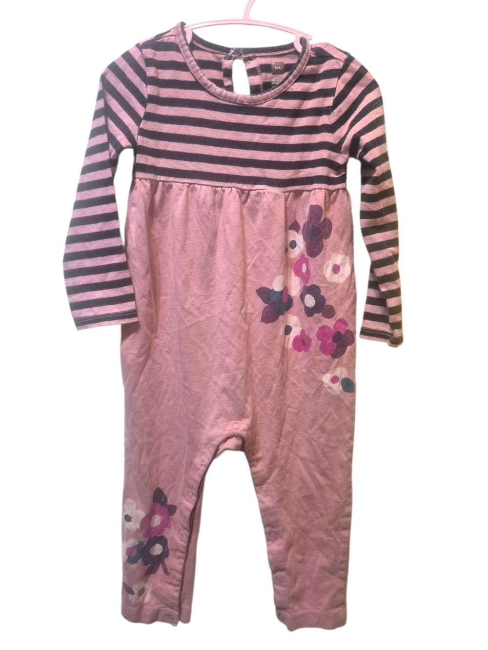 Tea Collection Pink and Black Striped Floral Long-Sleeve Romper